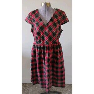 Lane Bryant V-Neck Midi Dress Plaid Fit & Flare SS Red Black 12 Petite Stretch